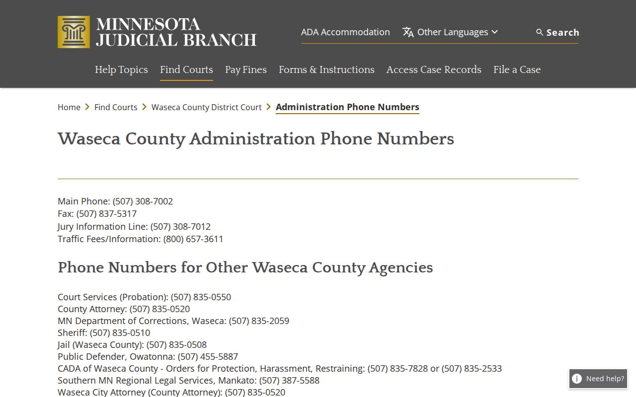 Waseca County court docket contact directory display