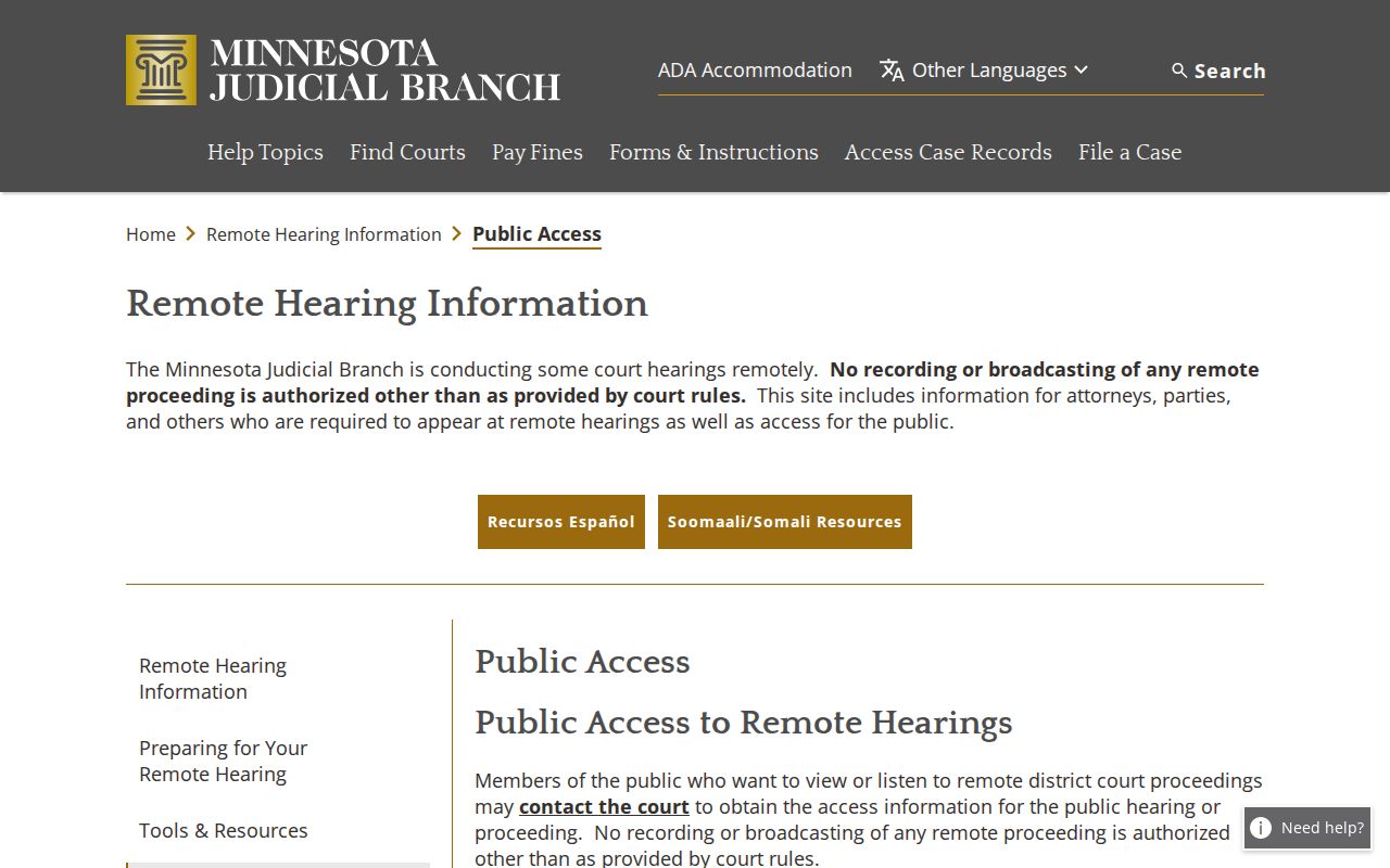 Waseca County court calendar remote hearing public access information