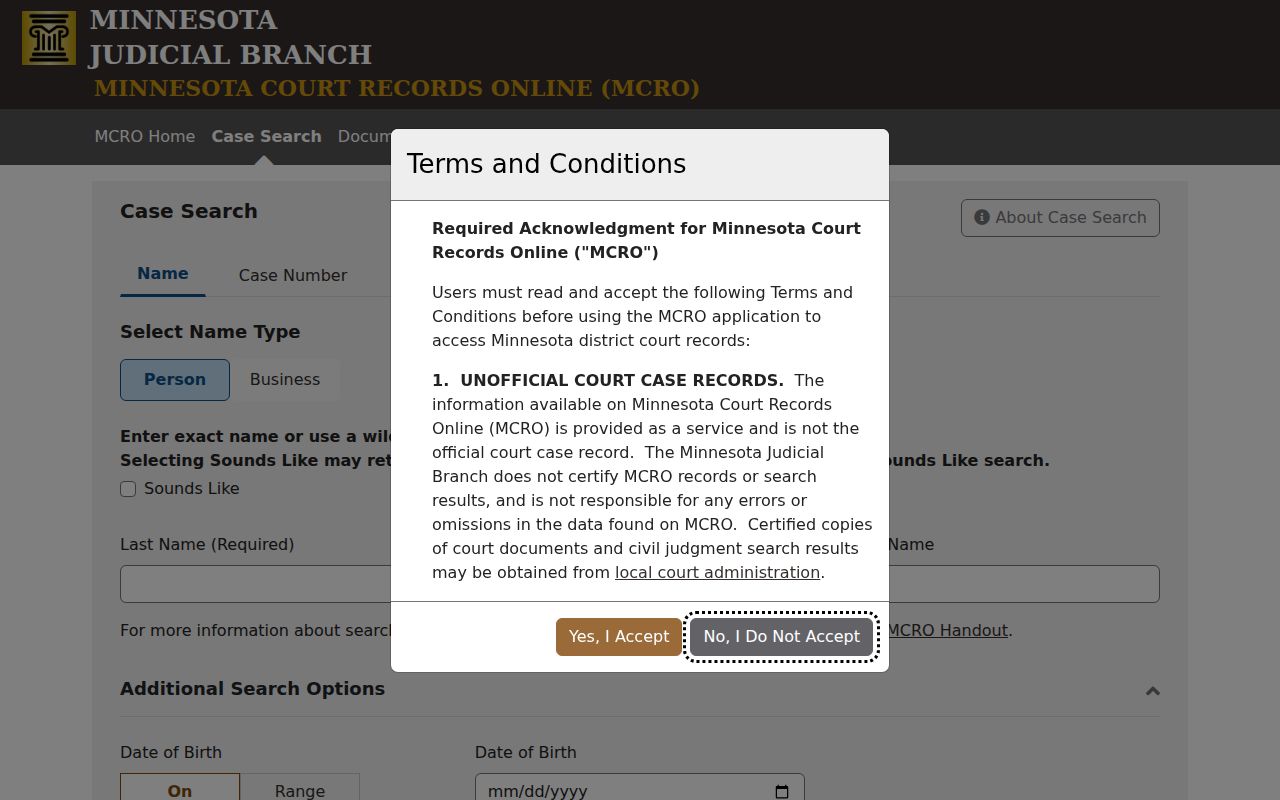 Waseca County case search MCRO case search controls