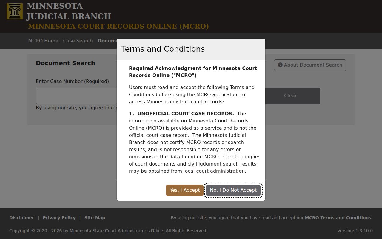 Waseca County case search MCRO document search by case number