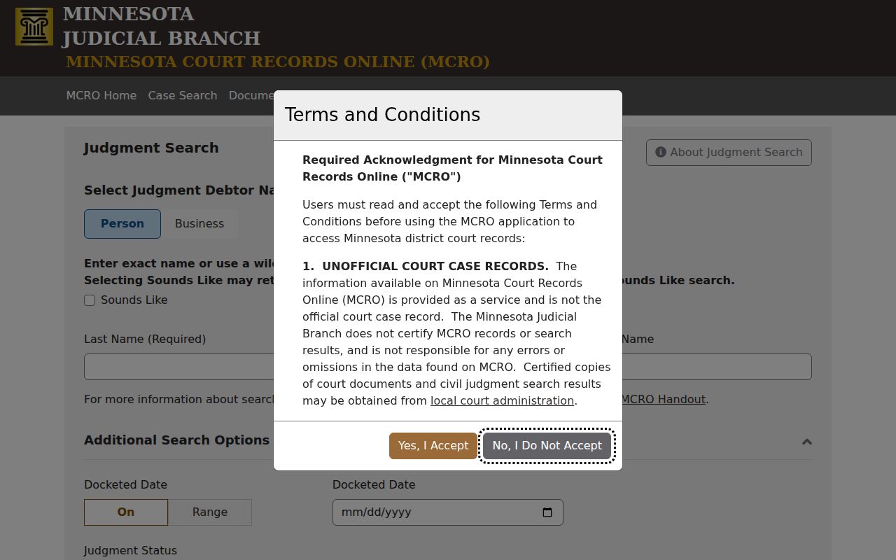 Waseca County case search MCRO judgment search fields
