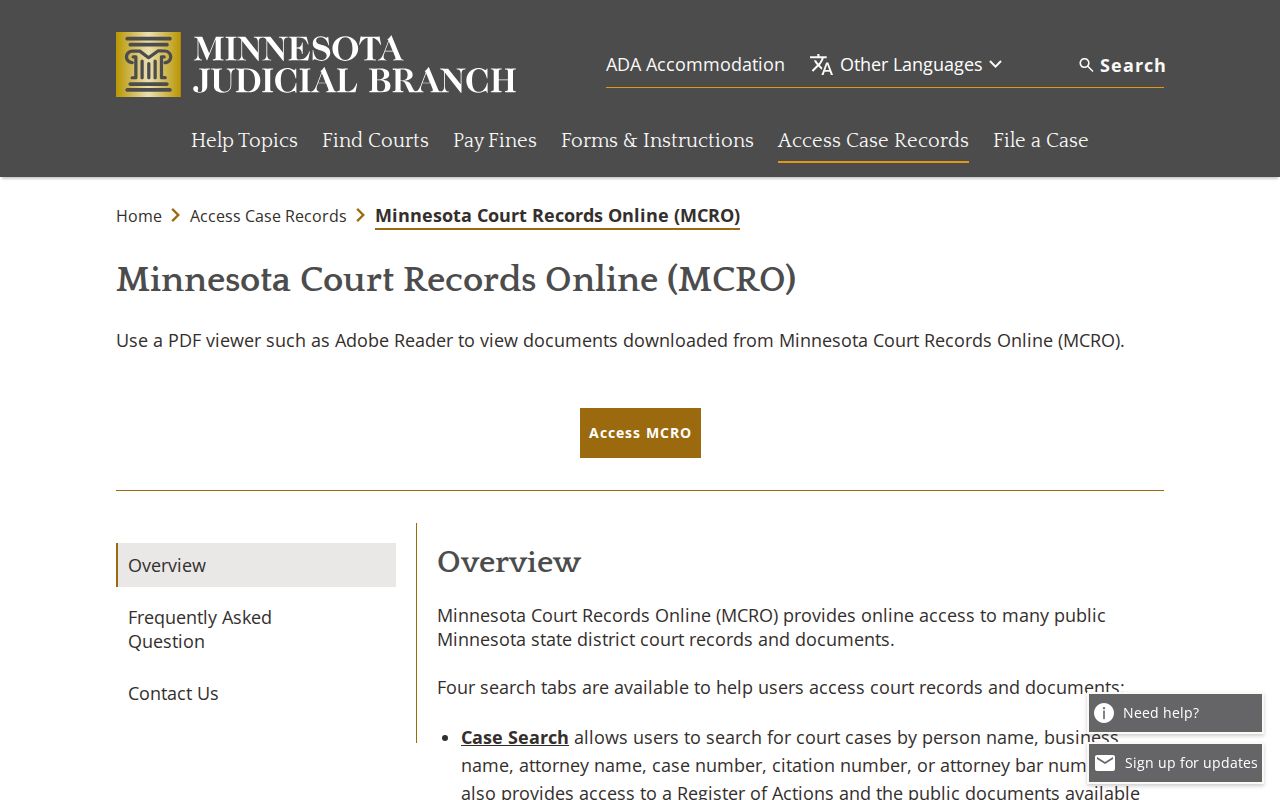 Waseca County case search official MCRO access information
