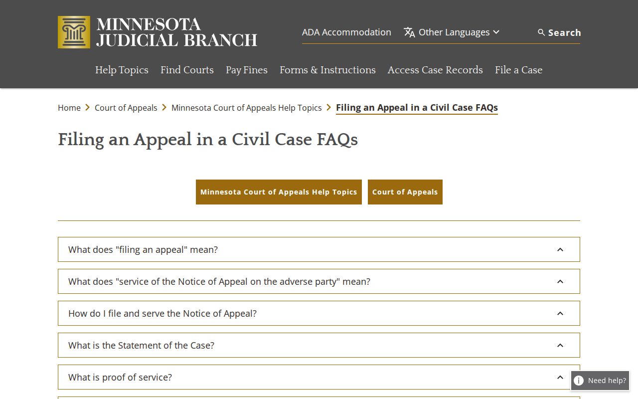 Waseca County civil docket civil appeal filing guidance reference