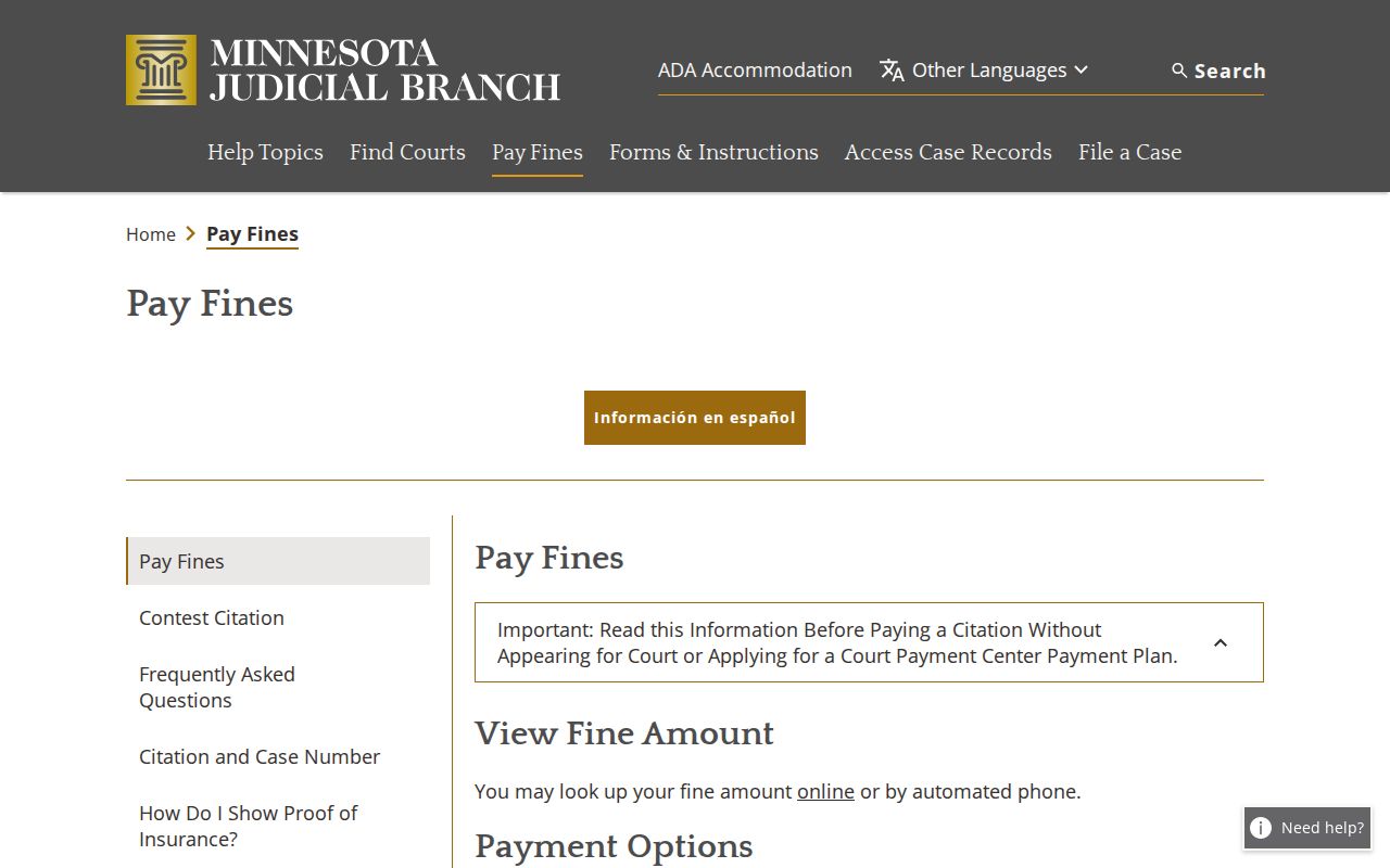 Waseca County traffic court record payment page